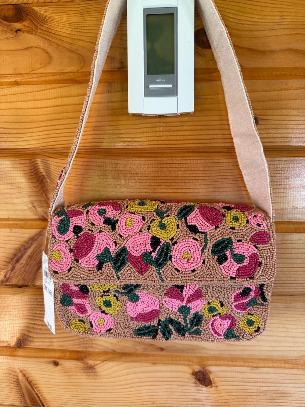 Gorgeous Floral Beaded Shoulder Bag in Pink, Green and Tan